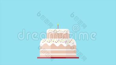 生日蛋糕，上面有香草白奶油，两只小熊坐在蛋糕旁边，三支蜡烛和粉红色的心在蓝色的bac上。